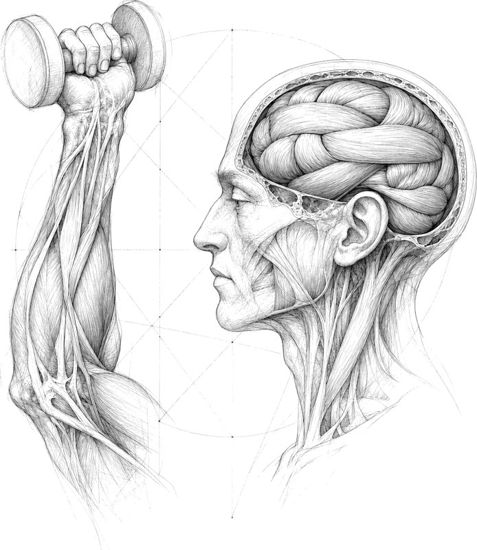 Da-Vinci-Skizze: Arm mit Hantel neben einem Kopf, dessen Gehirn wie ein Muskel gezeichnet ist